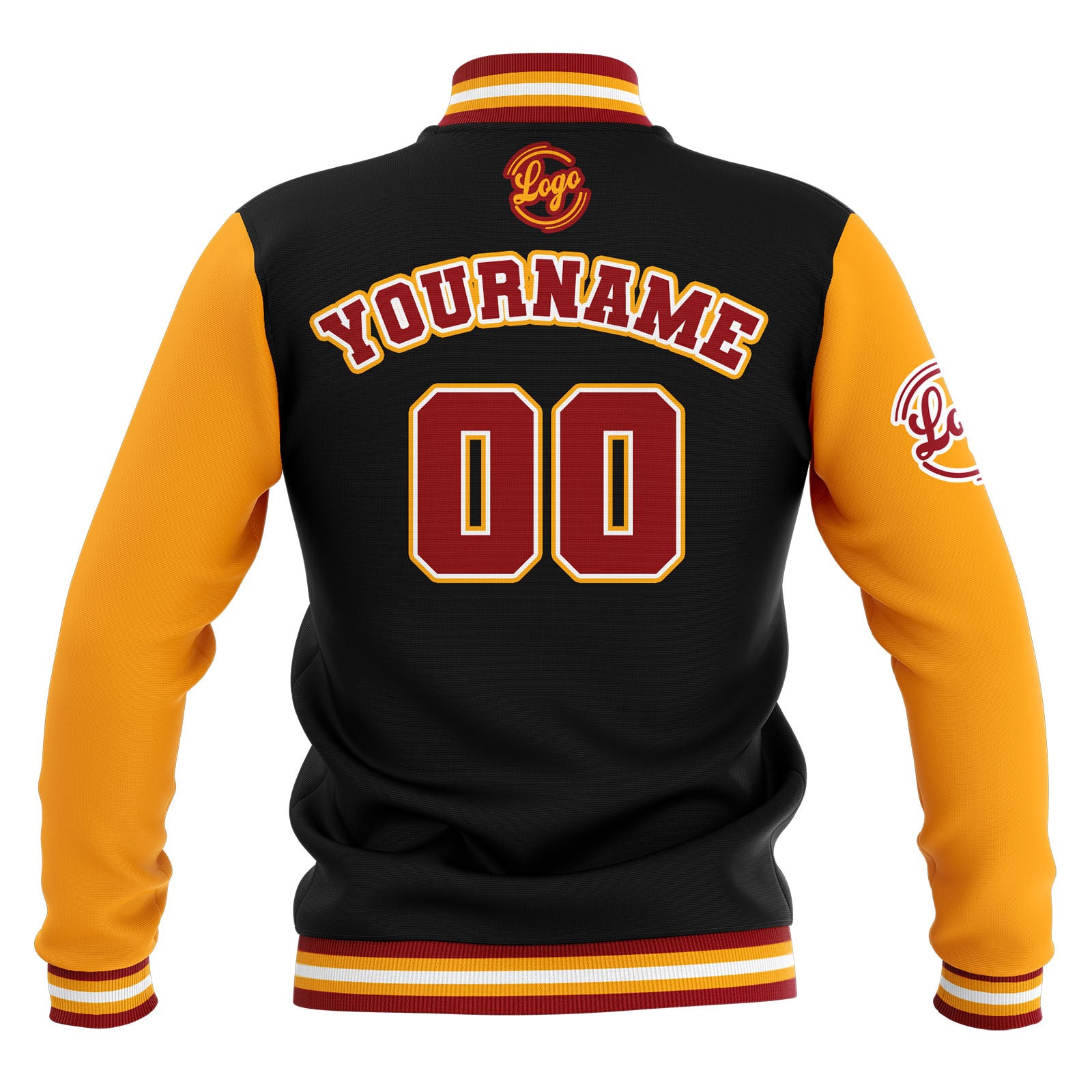 Chaquetas universitarias impermeables personalizadas en negro-amarillo y rojo con nombre-número y logotipo bordados