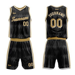 Uniforme de baloncesto negro personalizado con estampado de ondas acústicas y tu logotipo-nombre y número impresos