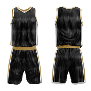 Uniforme de baloncesto negro personalizado con estampado de ondas acústicas y tu logotipo-nombre y número impresos