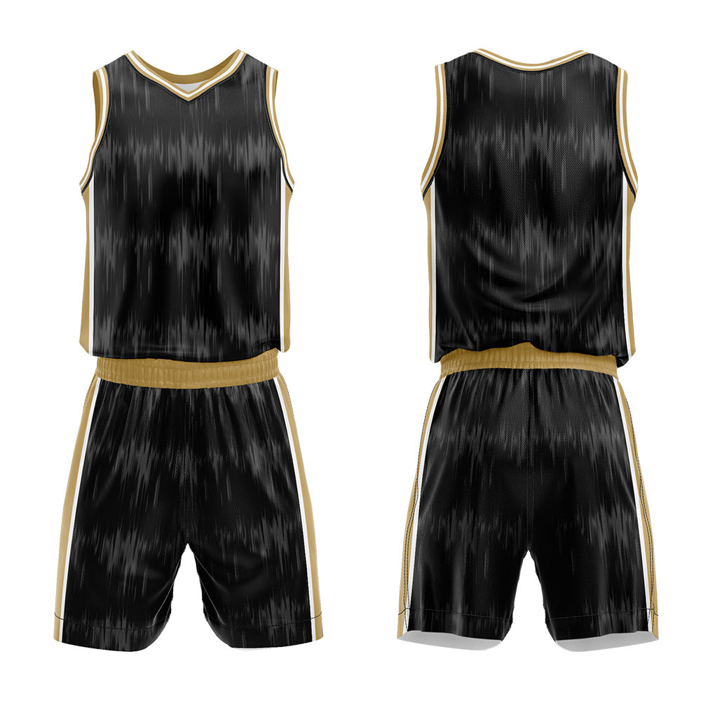 Uniforme de baloncesto negro personalizado con estampado de ondas acústicas y tu logotipo-nombre y número impresos