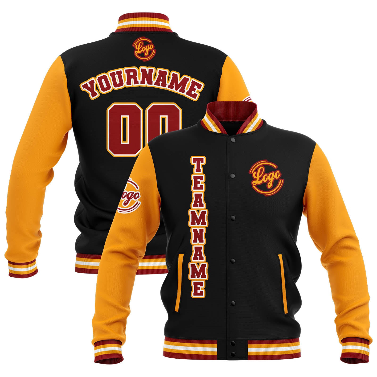 Chaquetas universitarias impermeables personalizadas en negro-amarillo y rojo con nombre-número y logotipo bordados