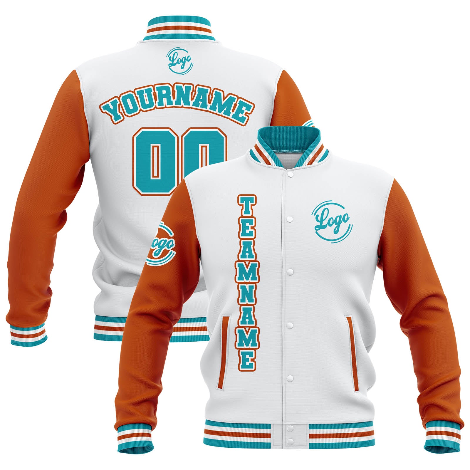Chaquetas universitarias impermeables personalizadas en blanco-naranja y verde azulado con nombre-número y logotipo bordados