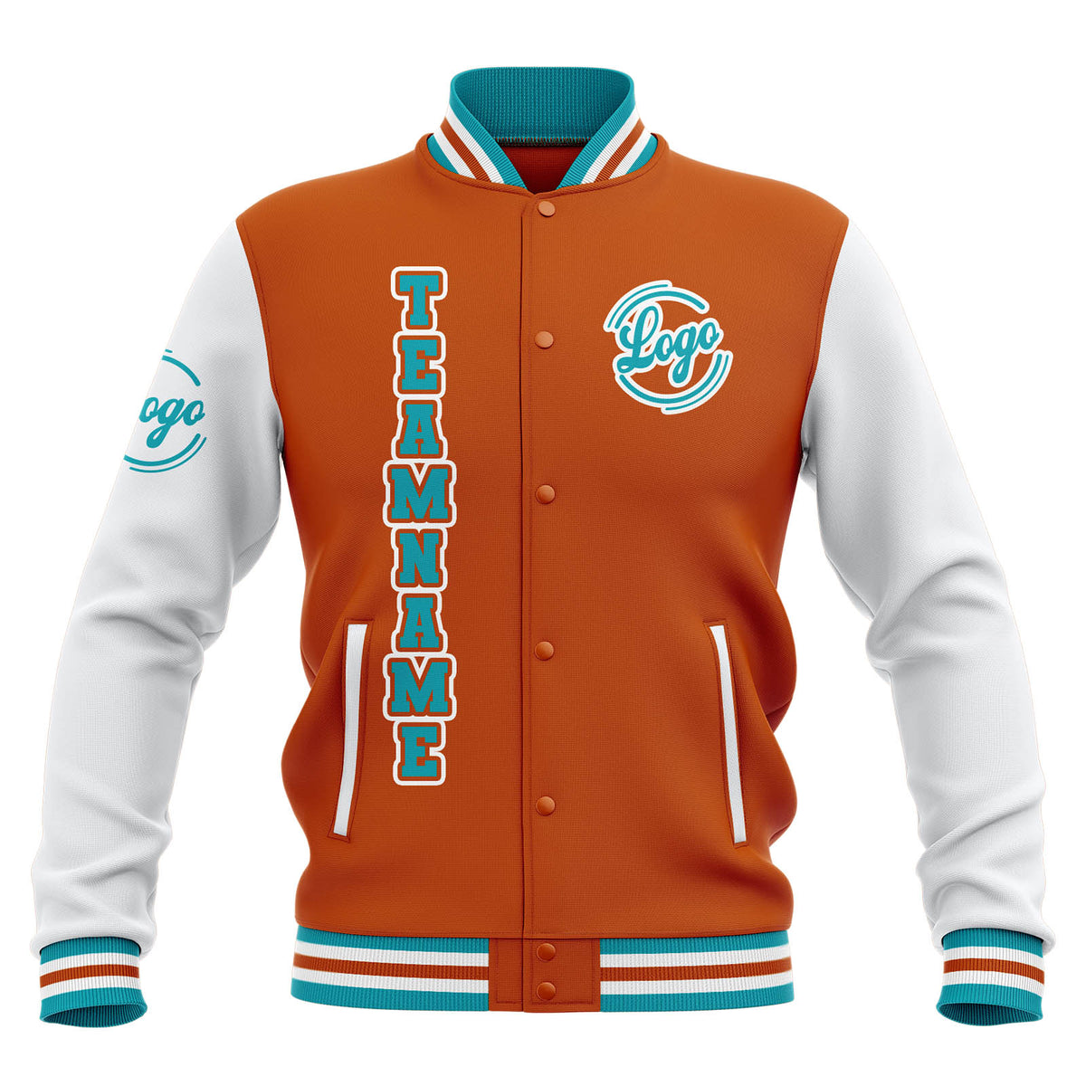 Chaquetas universitarias impermeables personalizadas en naranja-blanco y verde azulado con nombre-número y logotipo bordados a medida