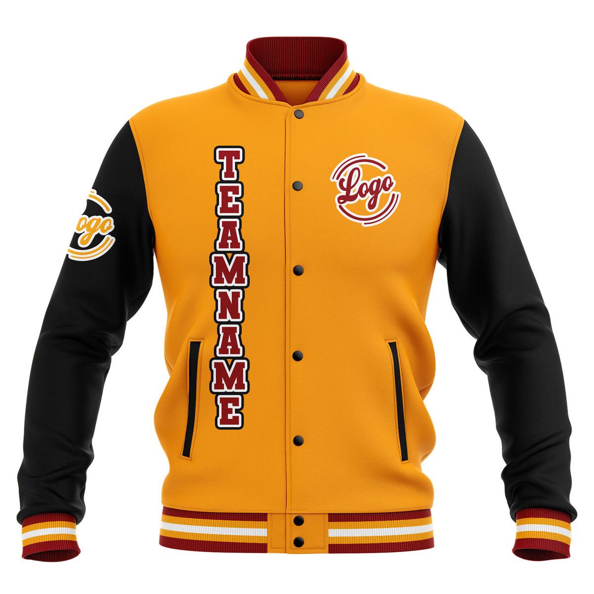 Chaquetas universitarias impermeables personalizadas en negro-amarillo y rojo con nombre-número y logotipo bordados