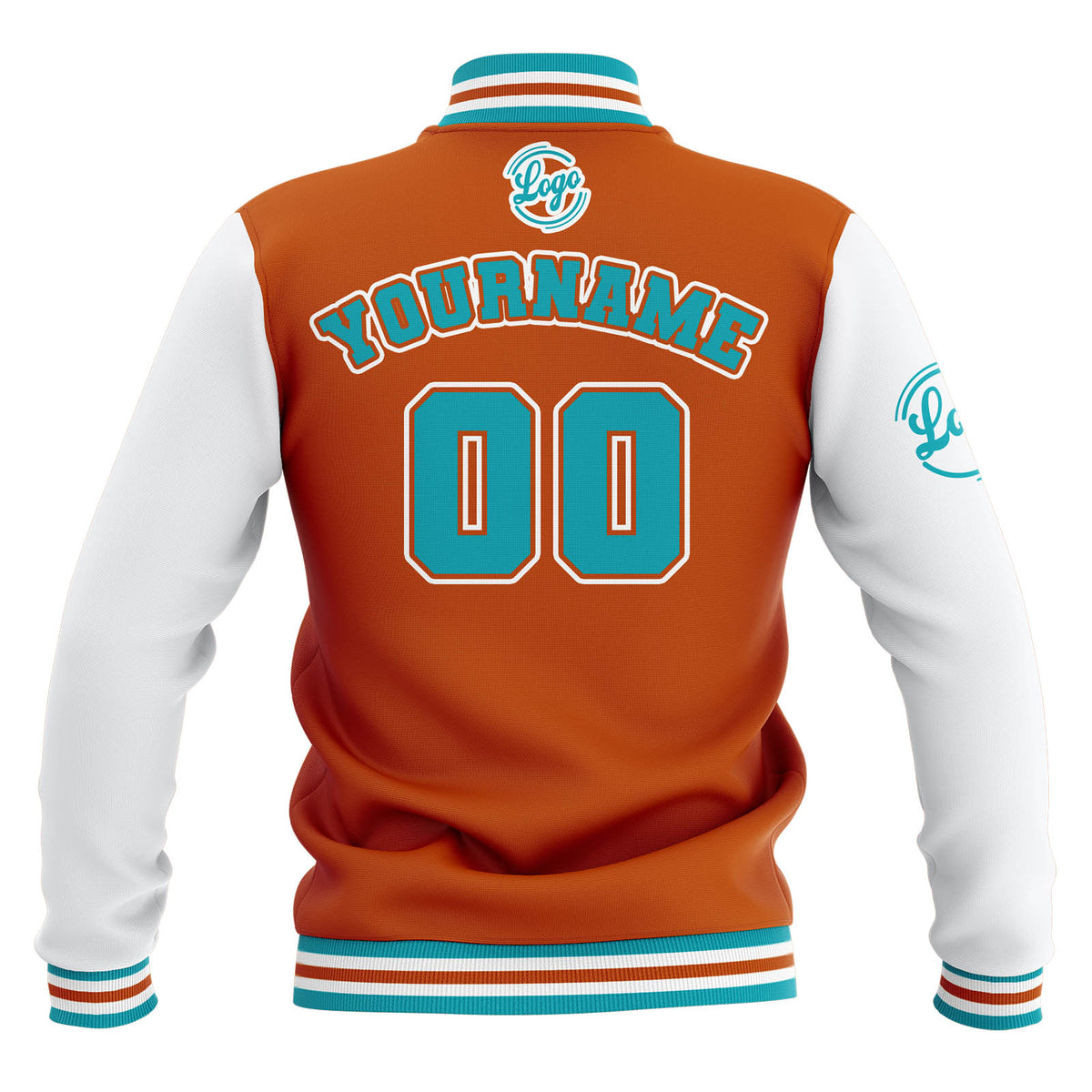 Chaquetas universitarias impermeables personalizadas en naranja-blanco y verde azulado con nombre-número y logotipo bordados a medida
