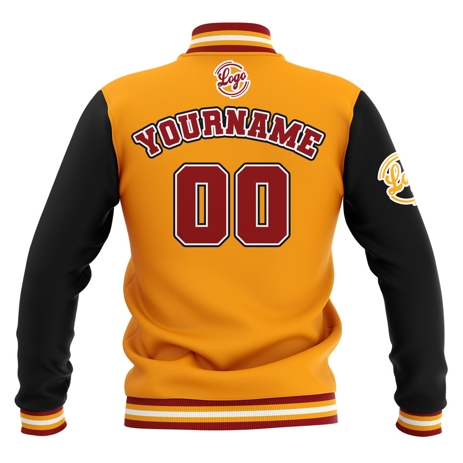 Chaquetas universitarias impermeables personalizadas en negro-amarillo y rojo con nombre-número y logotipo bordados