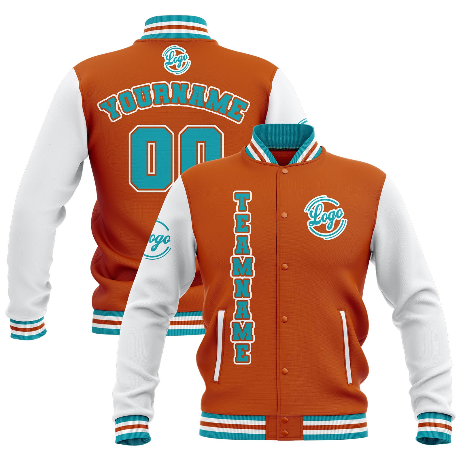 Chaquetas universitarias impermeables personalizadas en naranja-blanco y verde azulado con nombre-número y logotipo bordados a medida