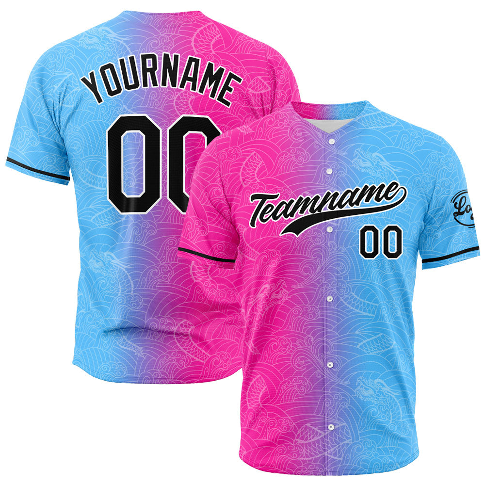 Camiseta de béisbol con dise?o personalizado estampado completo en rosa fucsia y azul claro