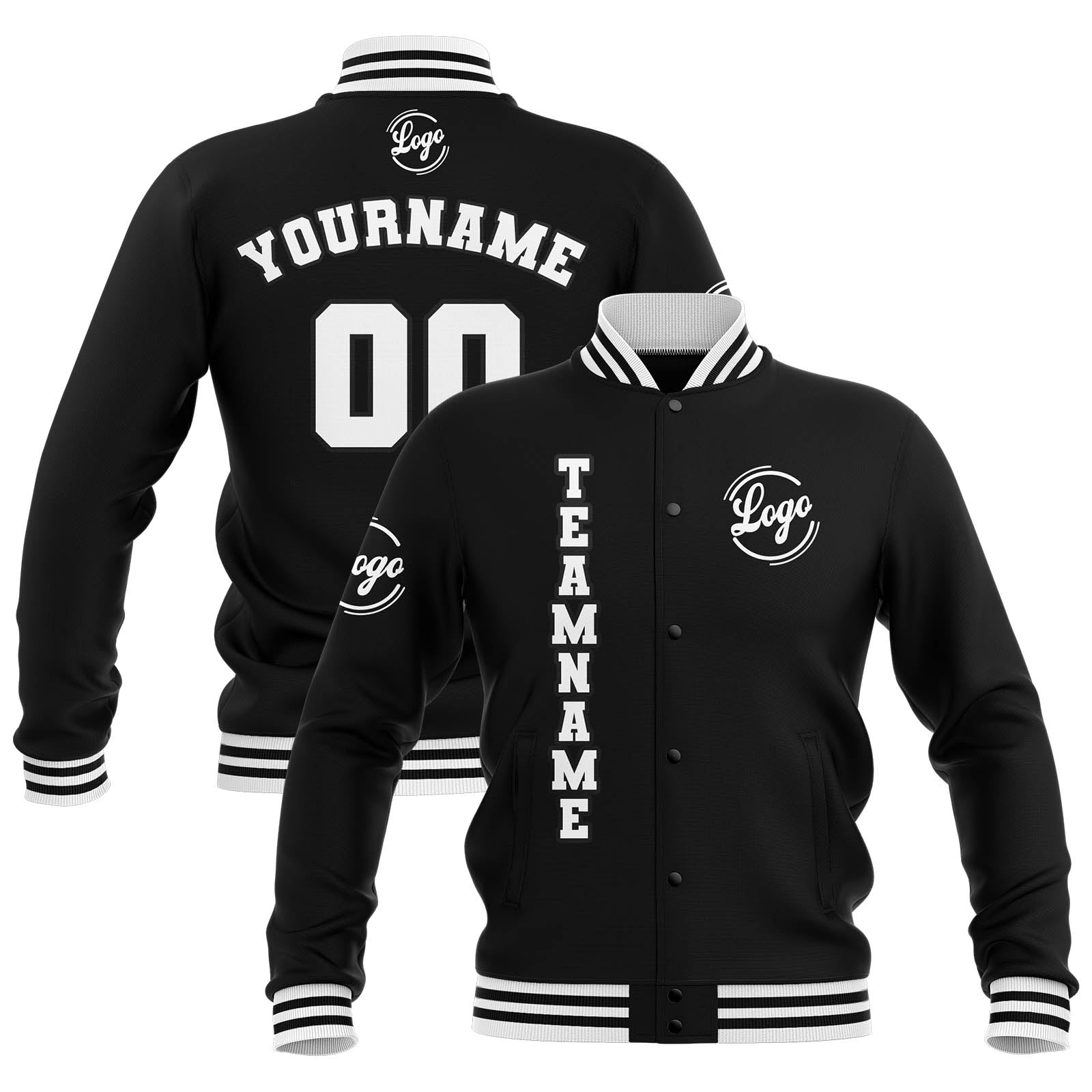 Chaquetas universitarias impermeables personalizadas en blanco y negro con nombre-número y logotipo bordados a medida