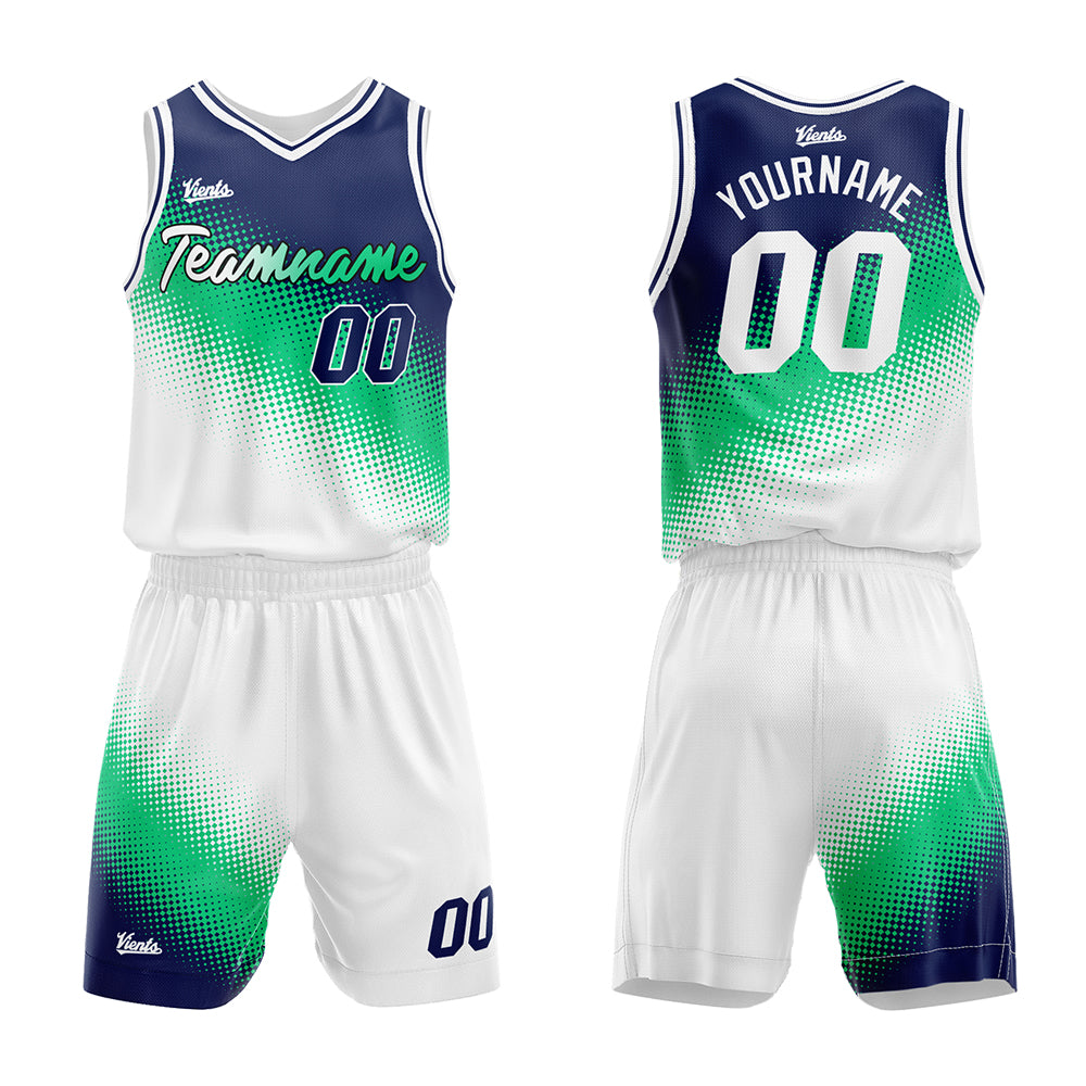 Uniforme de baloncesto personalizado en verde marino y blanco con tu logotipo-nombre y número impresos