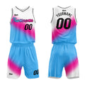 Uniforme de baloncesto personalizado en blanco-rosa fucsia y azul claro con tu logotipo-nombre y número impresos