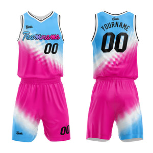 Uniforme de baloncesto personalizado azul claro-blanco y rosa fucsia con tu logotipo-nombre y número impresos