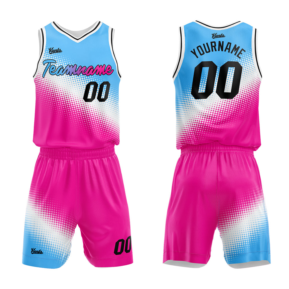Uniforme de baloncesto personalizado azul claro-blanco y rosa fucsia con tu logotipo-nombre y número impresos