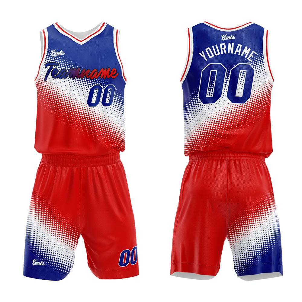 Uniforme de baloncesto personalizado en blanco y rojo Royal con tu logotipo-nombre y número impresos