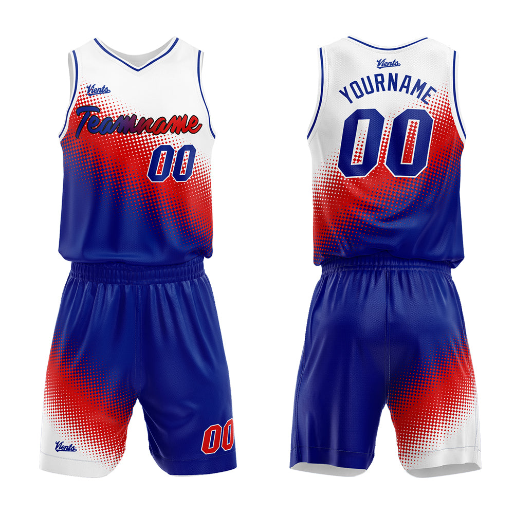 Uniforme de baloncesto personalizado blanco-rojo y azul con tu logotipo-nombre y número impresos