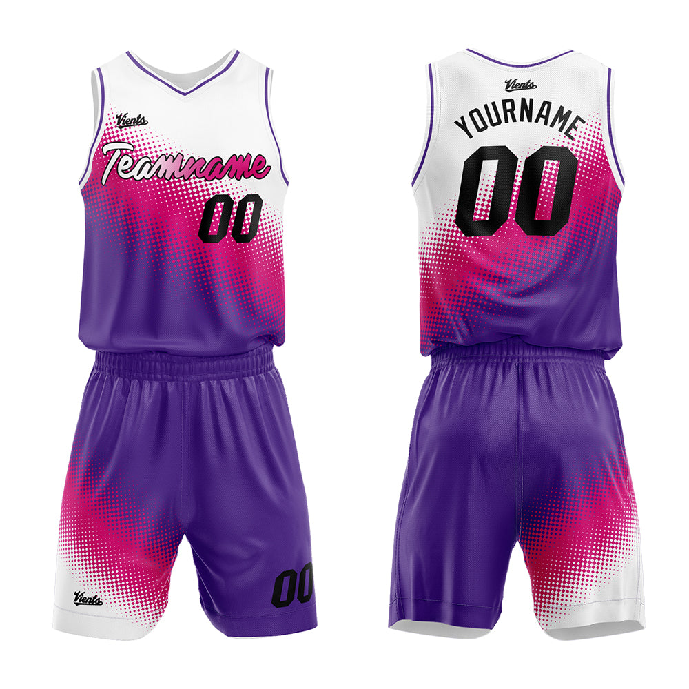 Uniforme de baloncesto personalizado en blanco-rosa fucsia y morado-con tu logotipo-nombre y número impresos