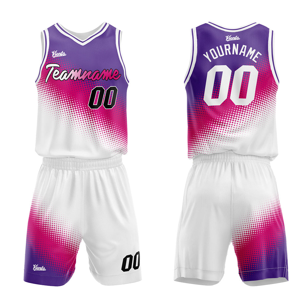 Uniforme de baloncesto personalizado en morado-rosa fucsia y blanco con tu logotipo-nombre y número impresos