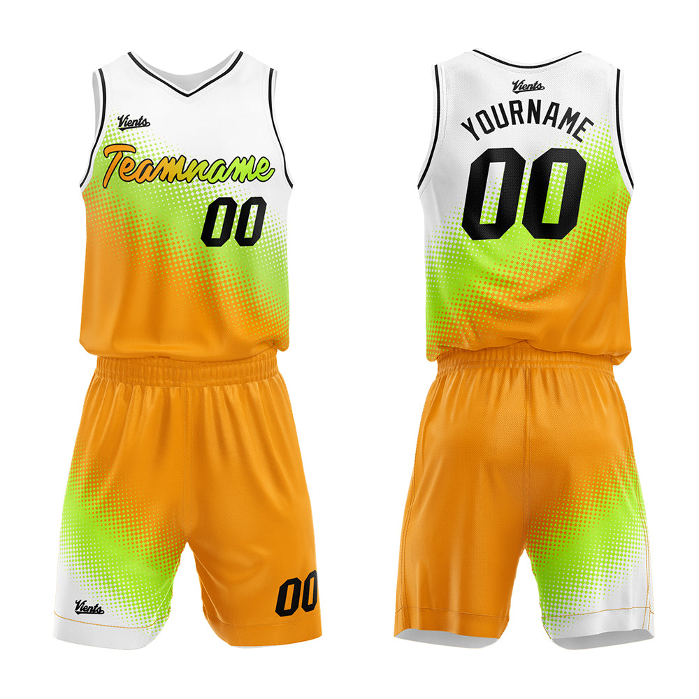 Uniforme de baloncesto personalizado blanco-verde y naranja con tu logotipo-nombre y número impresos