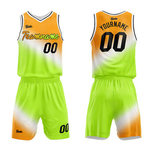 Uniforme de baloncesto personalizado naranja-blanco y verde con tu logotipo-nombre y número impresos