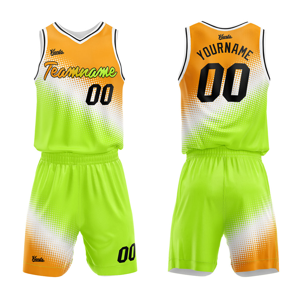 Uniforme de baloncesto personalizado naranja-blanco y verde con tu logotipo-nombre y número impresos