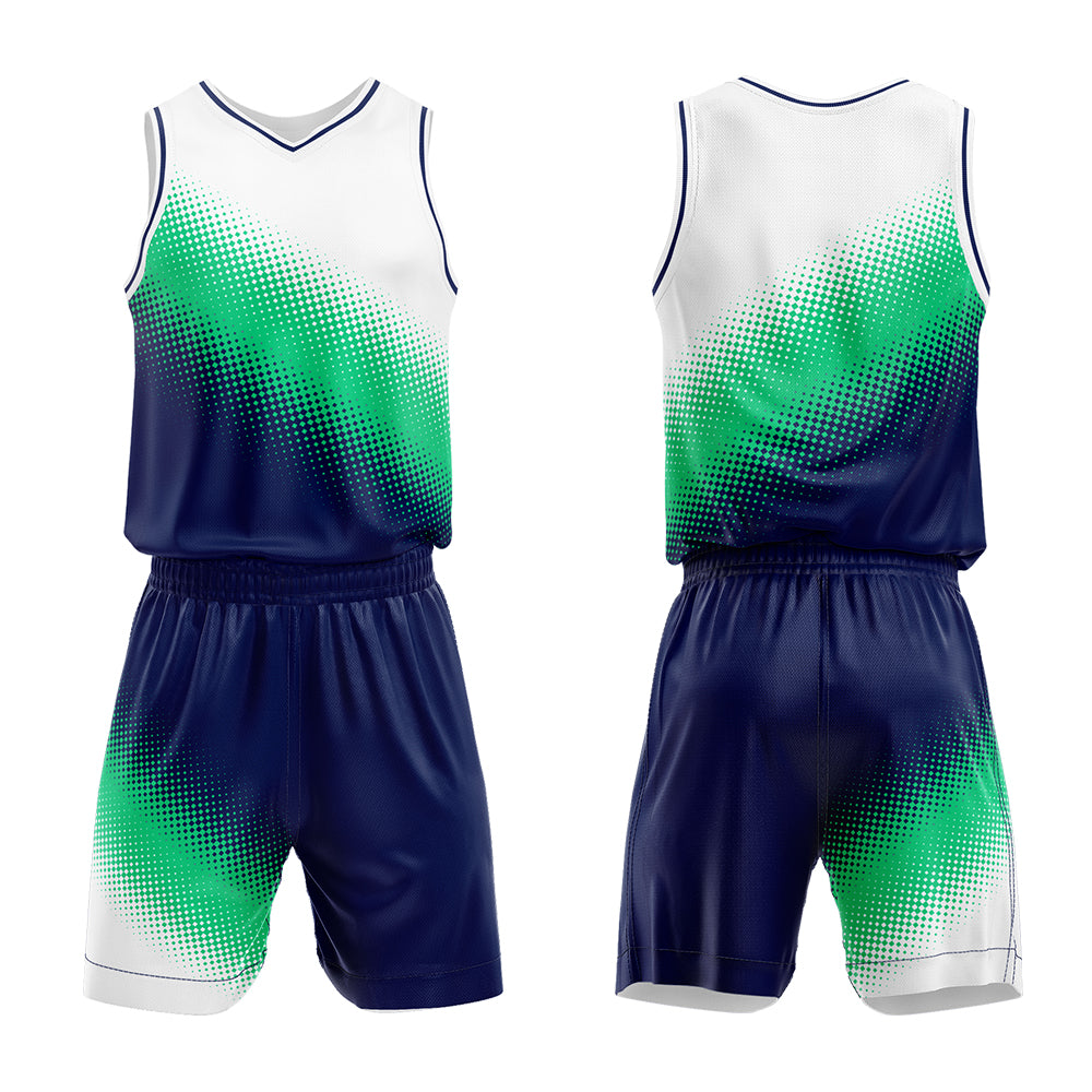 Uniforme de baloncesto personalizado blanco-verde y azul marino con su logotipo-nombre y número impresos