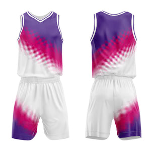 Uniforme de baloncesto personalizado en morado-rosa fucsia y blanco con tu logotipo-nombre y número impresos