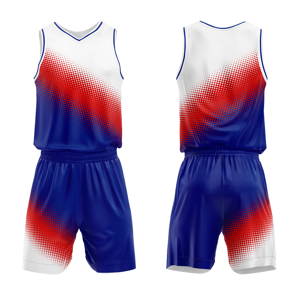 Uniforme de baloncesto personalizado blanco-rojo y azul con tu logotipo-nombre y número impresos