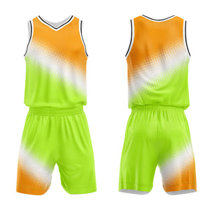 Uniforme de baloncesto personalizado naranja-blanco y verde con tu logotipo-nombre y número impresos