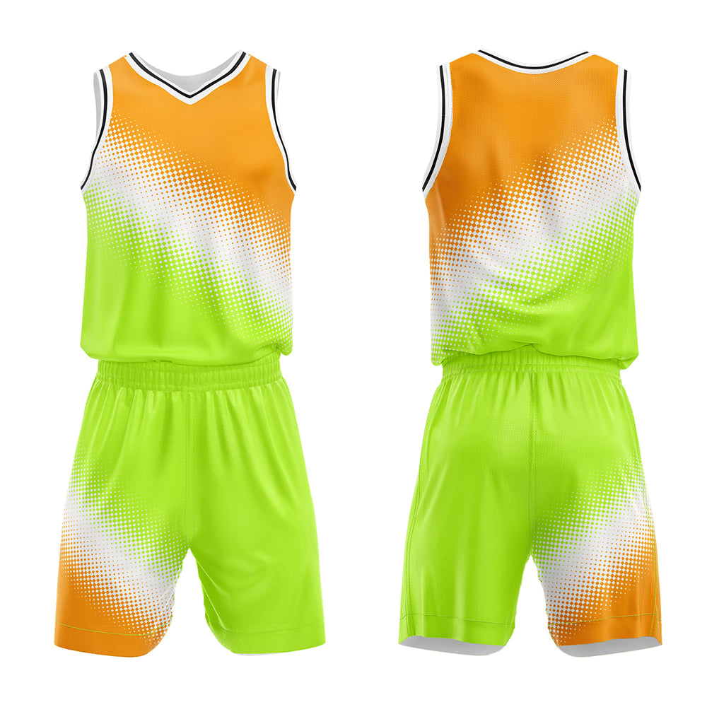 Uniforme de baloncesto personalizado naranja-blanco y verde con tu logotipo-nombre y número impresos