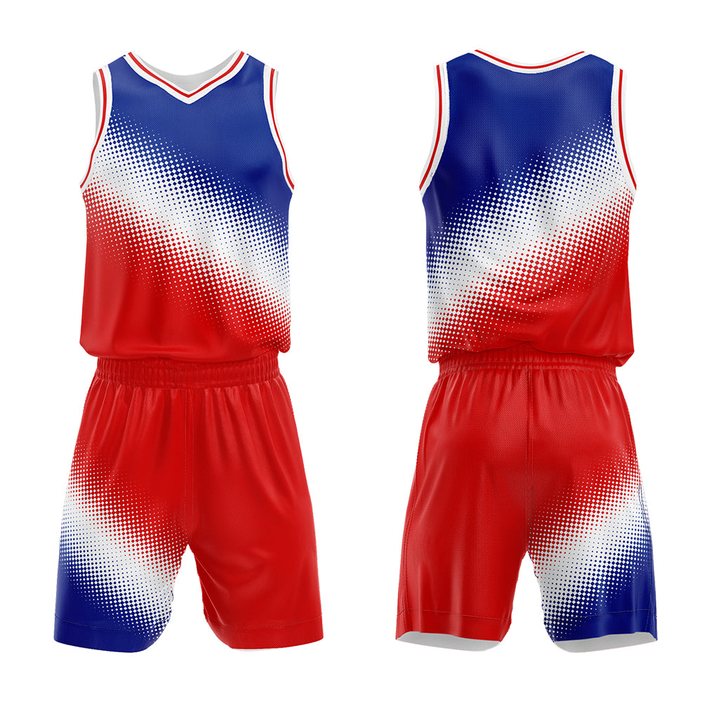 Uniforme de baloncesto personalizado en blanco y rojo Royal con tu logotipo-nombre y número impresos