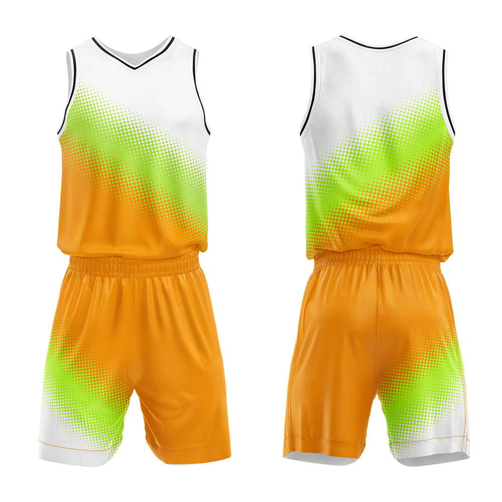 Uniforme de baloncesto personalizado blanco-verde y naranja con tu logotipo-nombre y número impresos
