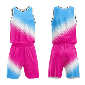 Uniforme de baloncesto personalizado azul claro-blanco y rosa fucsia con tu logotipo-nombre y número impresos