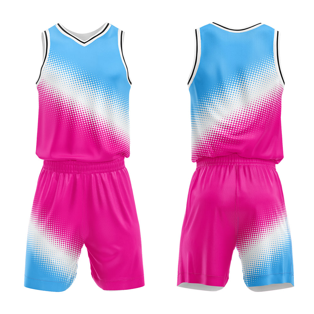 Uniforme de baloncesto personalizado azul claro-blanco y rosa fucsia con tu logotipo-nombre y número impresos