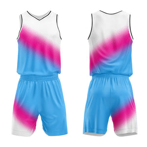 Uniforme de baloncesto personalizado en blanco-rosa fucsia y azul claro con tu logotipo-nombre y número impresos
