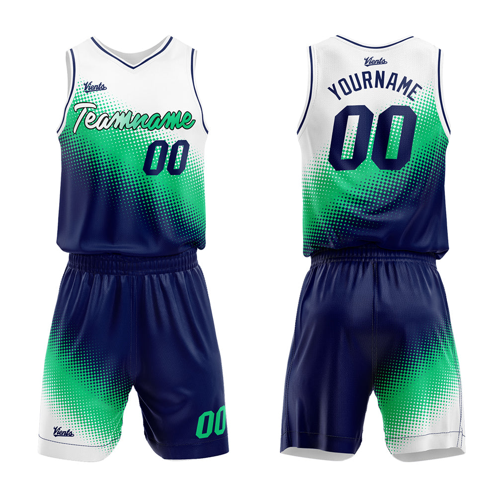 Uniforme de baloncesto personalizado blanco-verde y azul marino con su logotipo-nombre y número impresos