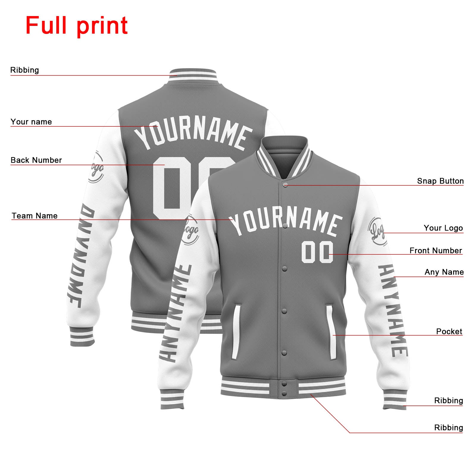 Chaqueta universitaria personalizada estilo Letterman para hombres-mujeres y jóvenes-color gris y blanco