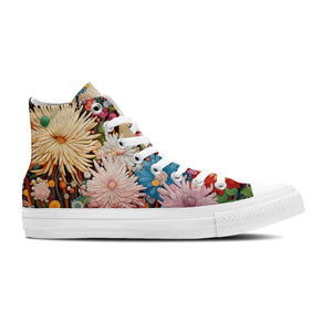 Pétalos artísticos: da rienda suelta a tu creatividad con estas zapatillas de lona de caña alta Moda unisex adornada con el cautivador y divertido estampado de crisantemos