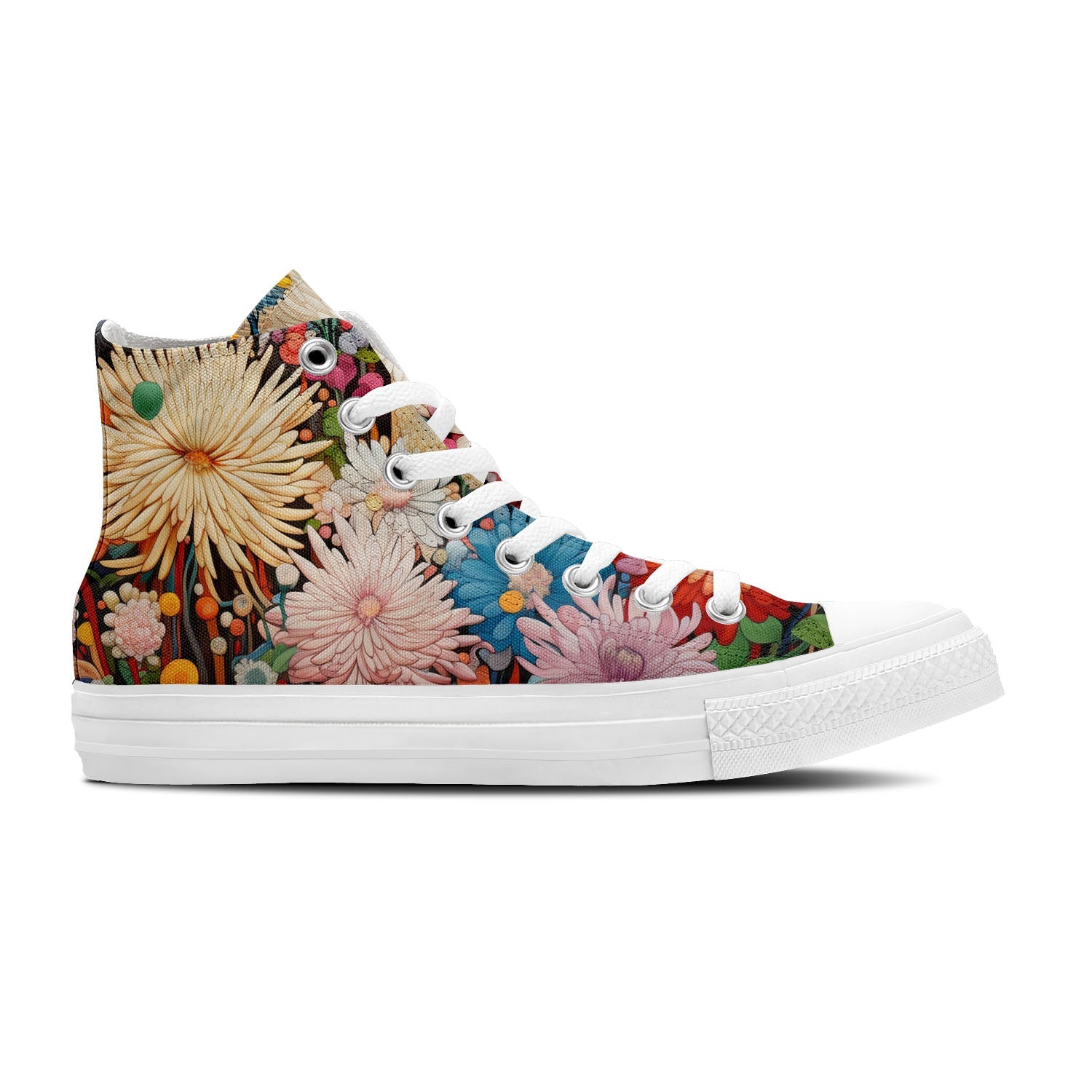Pétalos artísticos: da rienda suelta a tu creatividad con estas zapatillas de lona de caña alta Moda unisex adornada con el cautivador y divertido estampado de crisantemos