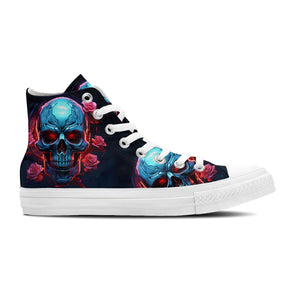 Skull Symphony: Zapatillas unisex de media caña de lona -Adéntrate en una vibrante melodía de color con un diseño de lápiz inspirado en calaveras para hombres y mujeres