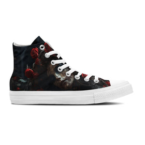 Fragancia sangrienta: Rosas rojas y calaveras se unen-zapatillas de lona de media caña que despiertan un sentido de la moda único