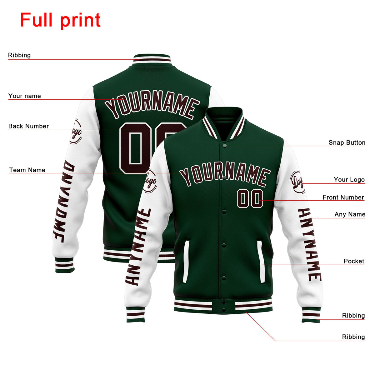 Chaqueta universitaria personalizada estilo Letterman para hombres-mujeres y jóvenes-color verde y blanco