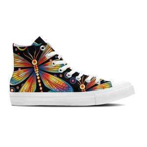 Whimsical Flyers: Zapatillas de lona de media caña para hombre y mujer -Adéntrate en un mundo de divertidas imágenes de libélulas de Op Art y da rienda suelta a tu estilo