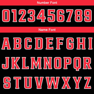 Uniforme de baloncesto personalizado en negro y rojo con tu logotipo-nombre y número impresos