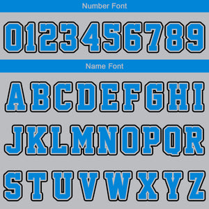 Uniforme de baloncesto personalizado en gris y azul con tu logotipo-nombre y número impresos