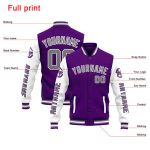 Chaqueta universitaria personalizada estilo Letterman para hombres-mujeres y jóvenes-color morado y blanco