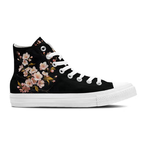 Pétalos en movimiento: realza tu estilo con zapatillas de lona de caña alta -Moda floral unisex-que florece con la elegancia de la flor del ciruelo