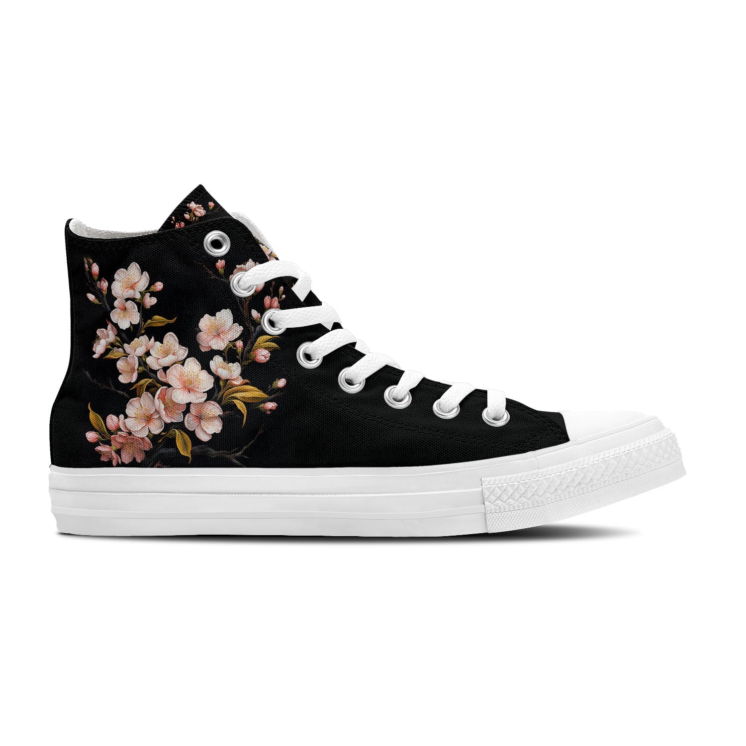 Pétalos en movimiento: realza tu estilo con zapatillas de lona de caña alta -Moda floral unisex-que florece con la elegancia de la flor del ciruelo