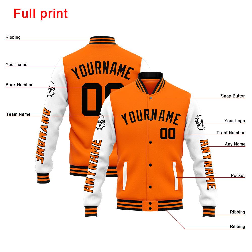 Chaqueta universitaria personalizada estilo Letterman para hombres-mujeres y jóvenes-color naranja y blanco