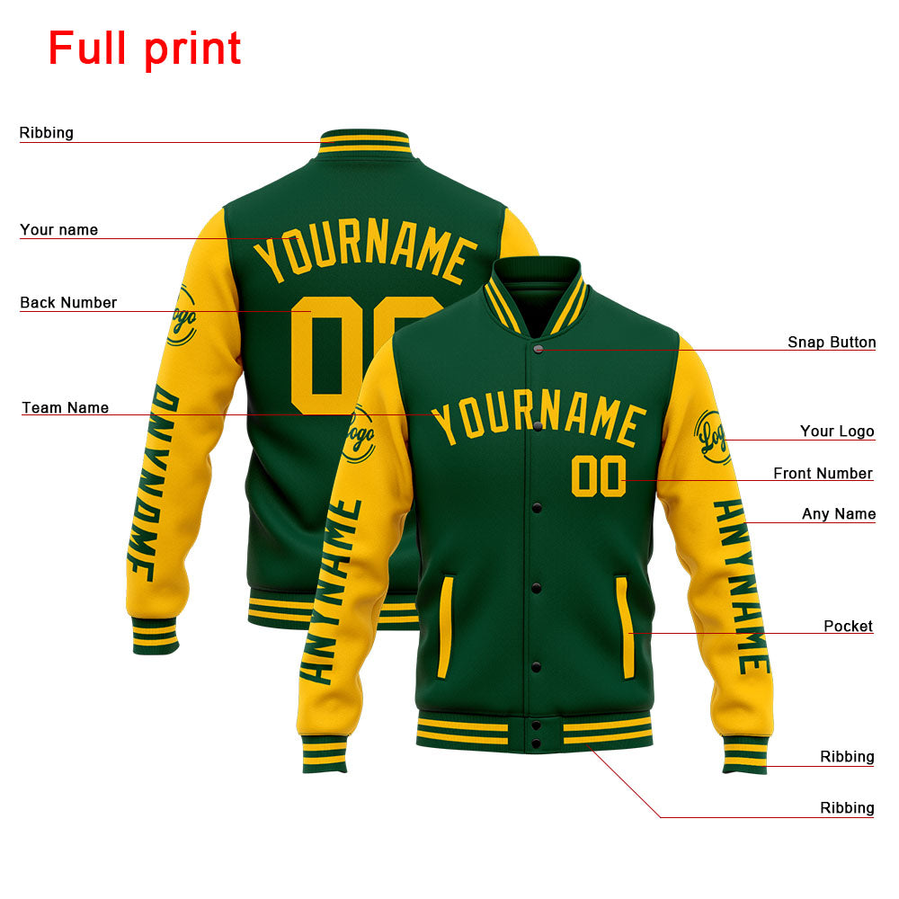 Chaqueta universitaria personalizada estilo Letterman para hombres-mujeres y jóvenes-color verde y amarillo