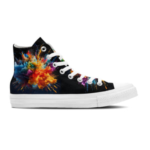 Frenesí de fuegos artificiales: Zapatillas de lona unisex de media caña: Adéntrate en una explosión de color con estampados de fuegos artificiales estilo salpicaduras de pintura para hombres y mujeres